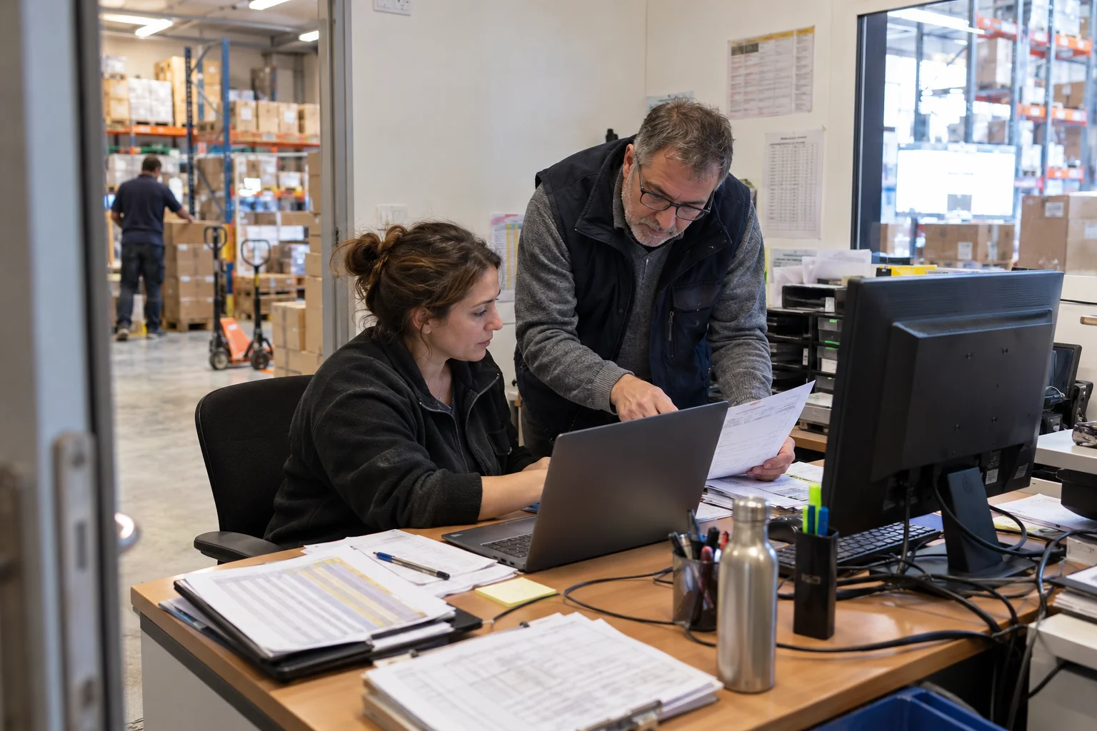 Une technicienne et un responsable testent une solution avec une fiche de validation avant son déploiement
