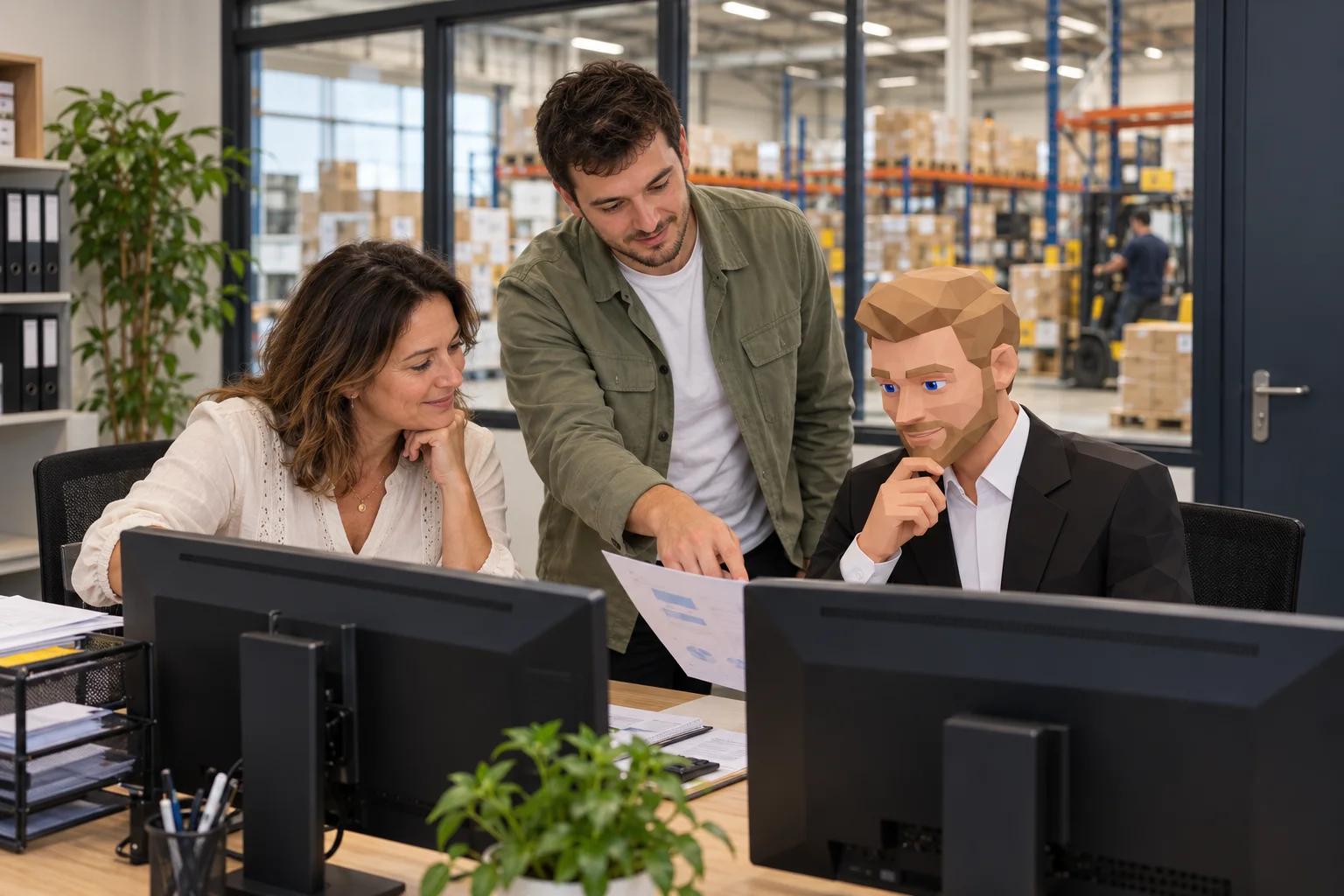 Deux collaborateurs et un personnage symbolisant un agent IA dans un bureau face à un entrepôt