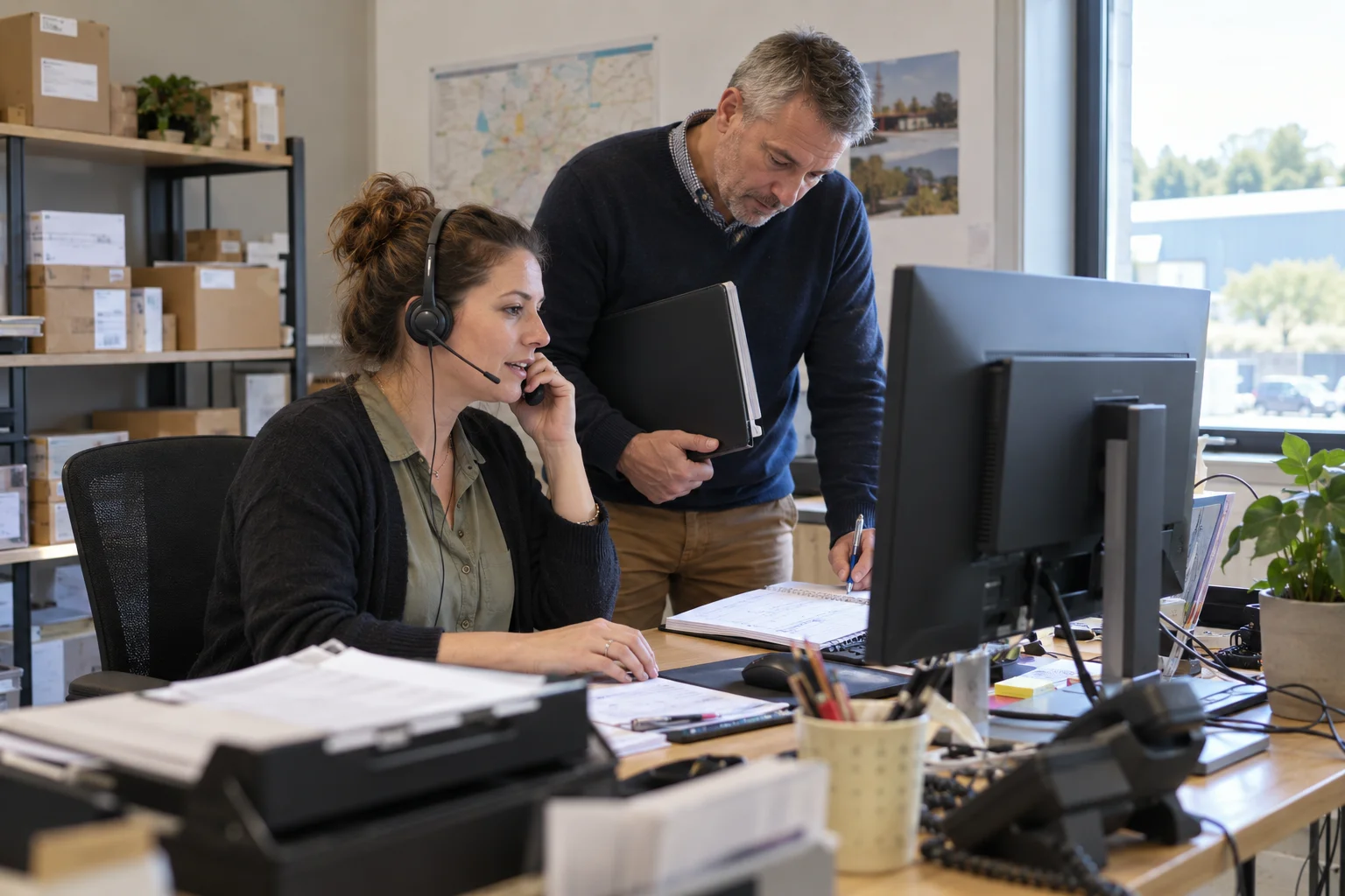 Une collaboratrice au téléphone et son collègue coordonnent un rendez-vous client au bureau