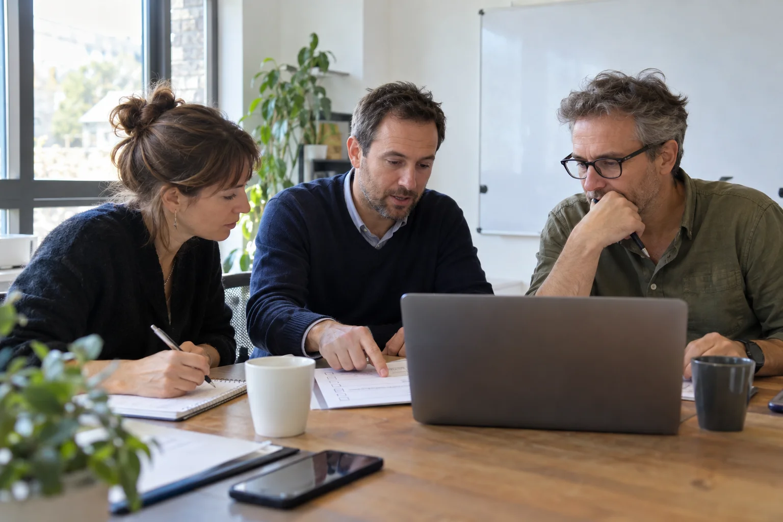 Trois collaborateurs travaillent avec un ordinateur et une fiche de consignes