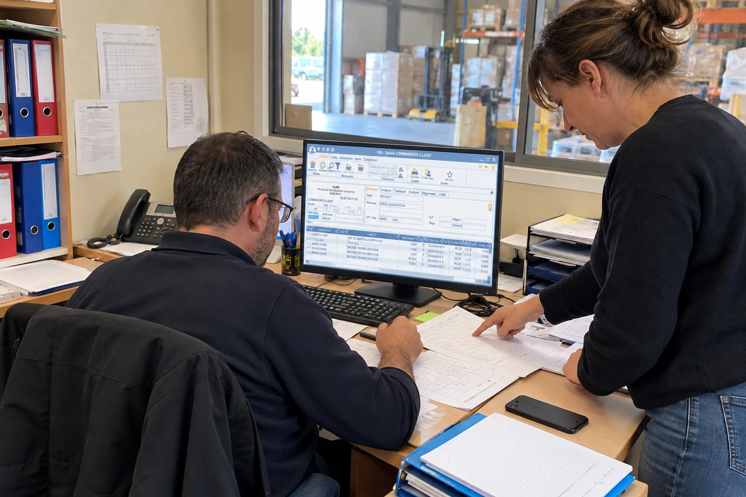 Deux collaborateurs dans un bureau de PME avec l’écran de saisie de commandes de l’ERP Cegid PMI