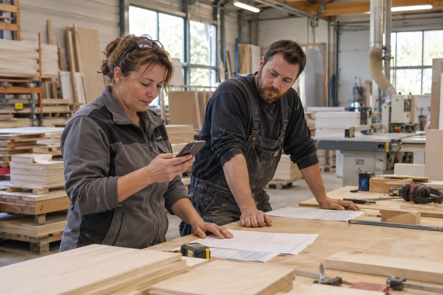 Une coordinatrice et un menuisier examinent un ordre de travail dans un atelier