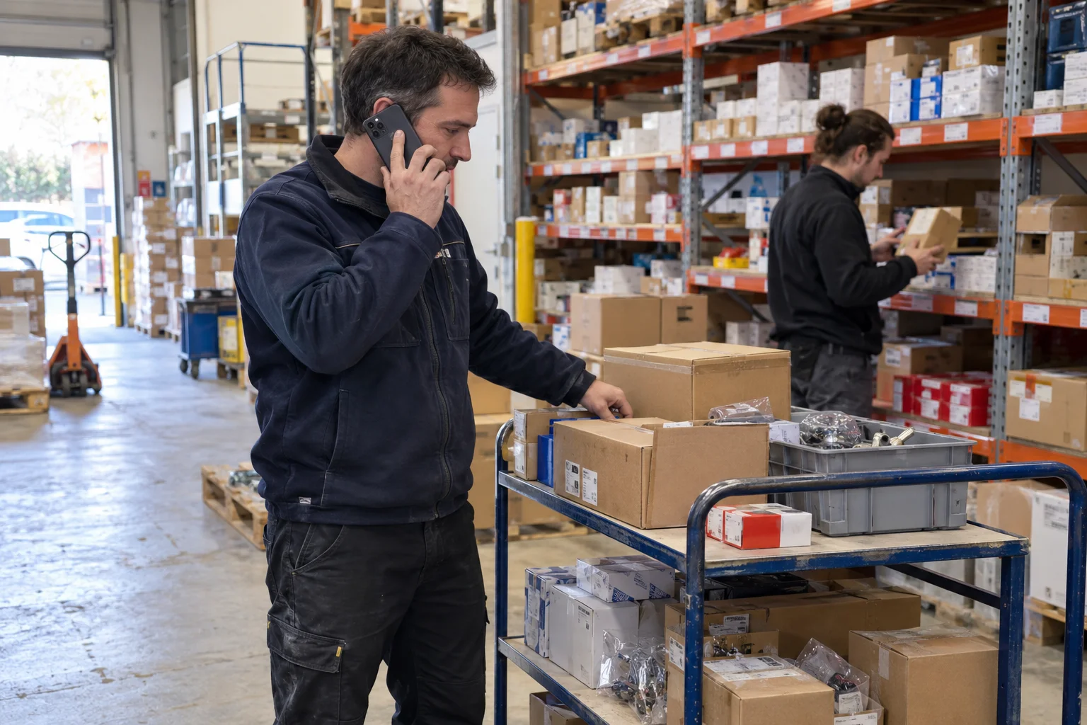 Un responsable de stock utilise son téléphone à côté de produits préparés pour expédition