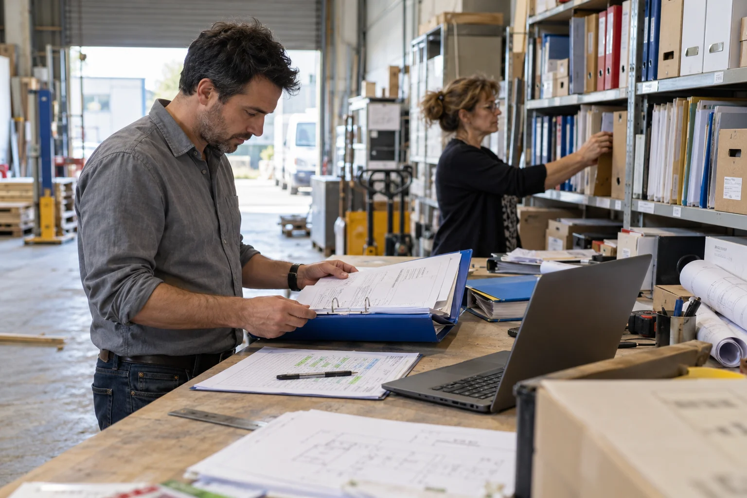 Un coordinateur vérifie un dossier et sa liste de suivi pendant qu’une collègue organise les projets